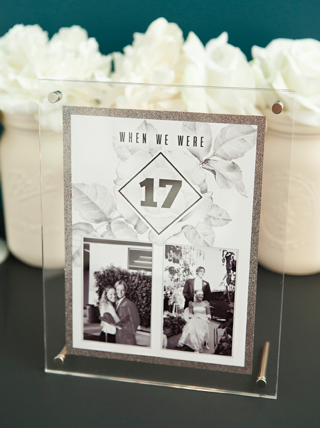 Check out these darling DIY table numbers with photos of the bride and groom at each table number age!