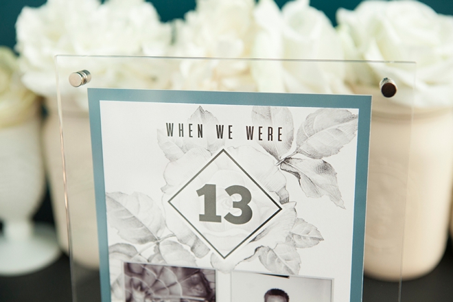 Check out these darling DIY table numbers with photos of the bride and groom at each table number age!