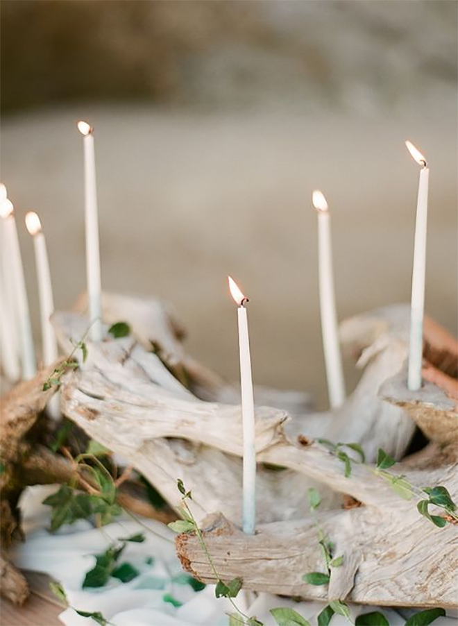 for a natural floral alternative, try driftwood with candles.