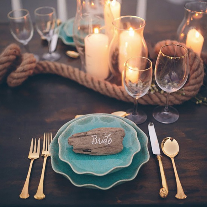 For a nautical wedding, add a rope to the table.