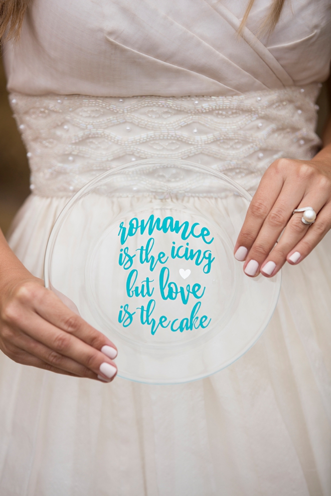 Adorable DIY, Romance is the icing, but love is the cake, wedding cake plate idea!