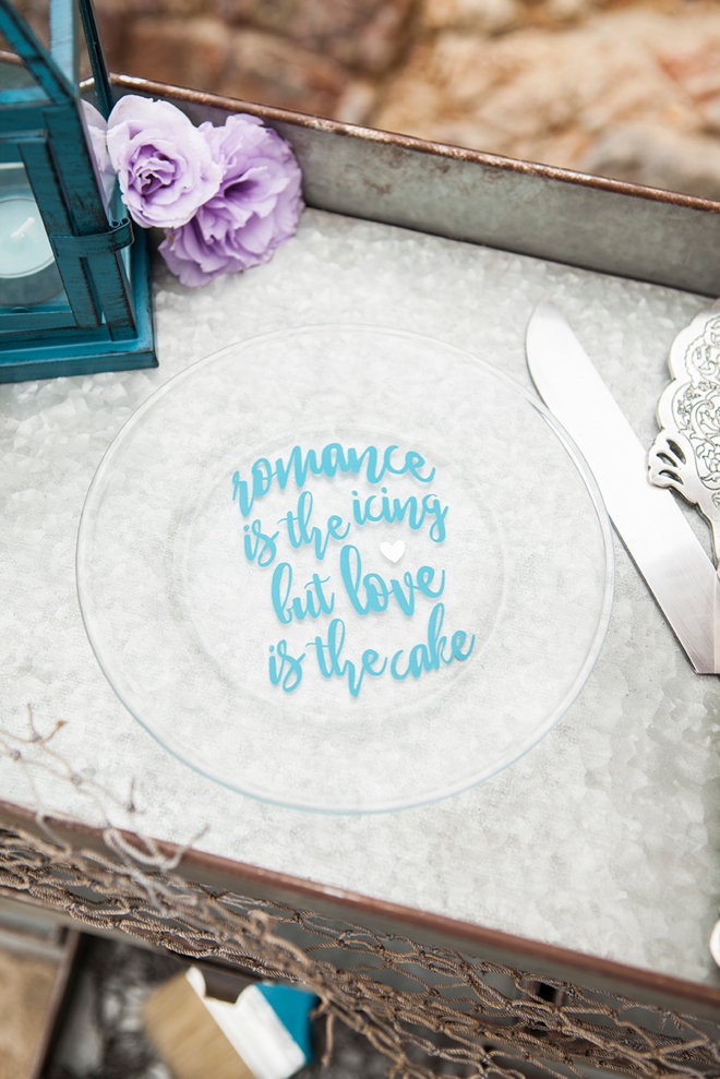 Adorable DIY, Romance is the icing, but love is the cake, wedding cake plate idea!