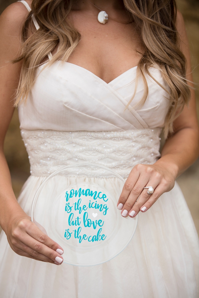 Adorable DIY, Romance is the icing, but love is the cake, wedding cake plate idea!