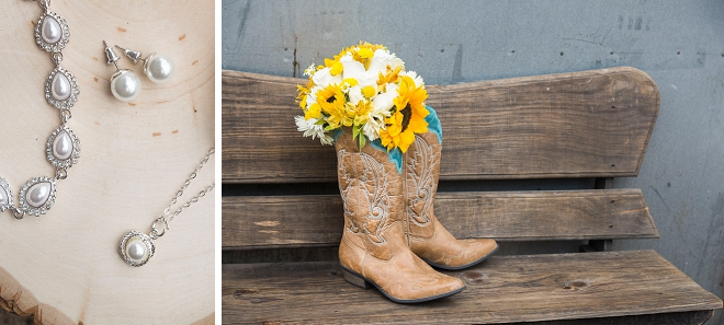 We love this bride's darling sunflower wedding bouquet and cowboy boots!