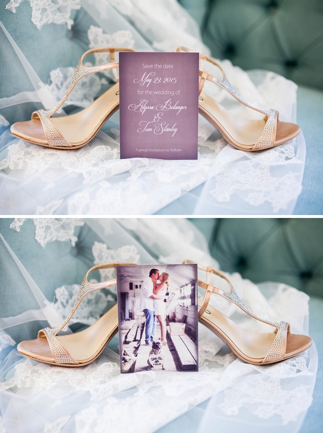 We love this snap of the couple's Save the Date's with the Bride's wedding shoes!