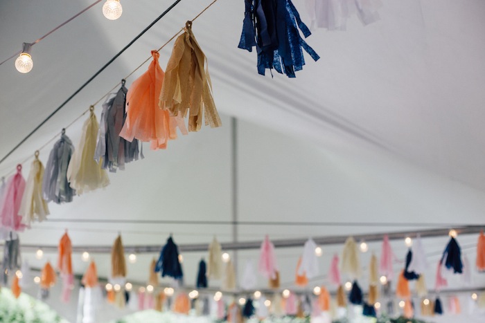 Navy blue, peach, tan, pink, white, and silver tissue paper wedding tassels. LOVE THESE!