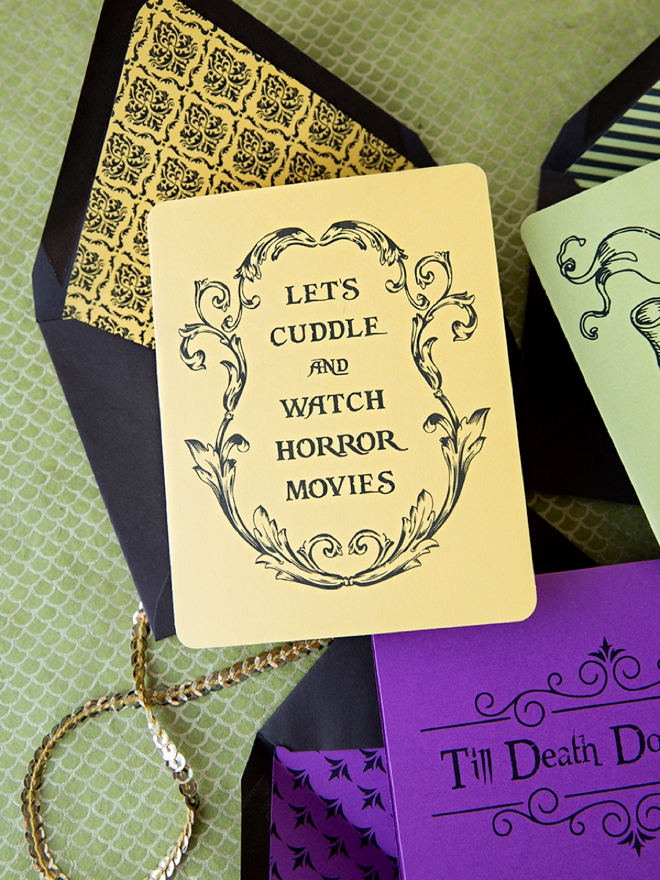 Check out this free printable Let's Cuddle and Watch Horror Movies card!
