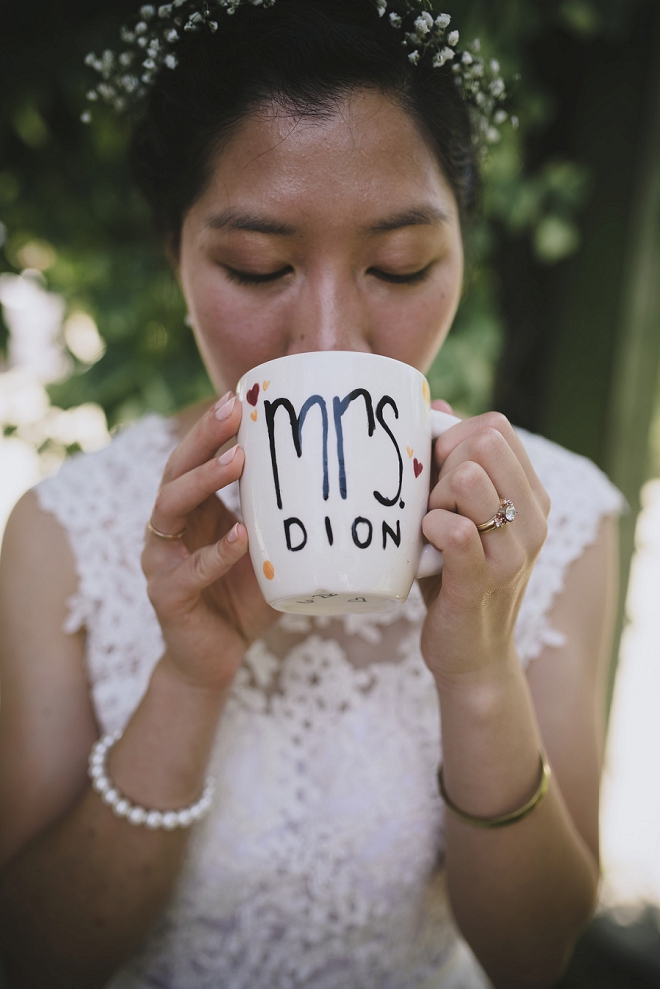 We love these cute Mr. and Mrs. mugs the Bride and Groom used at their intimate garden reception!