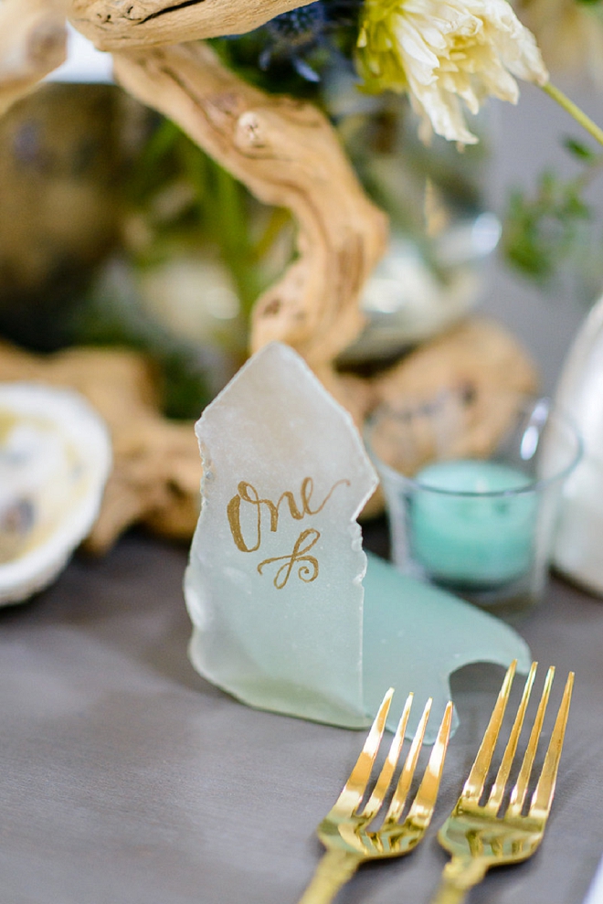 How gorgeous are these DIY sea glass table numbers?! LOVE!