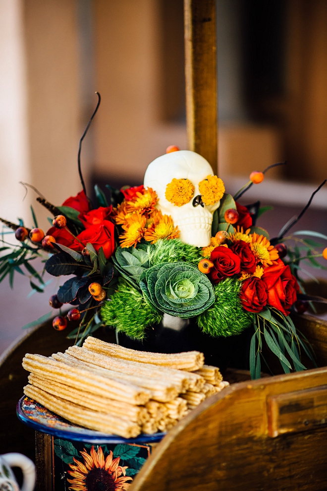 How darling is this churro bar cart at this stunning Day of the Dead styled wedding? Love!
