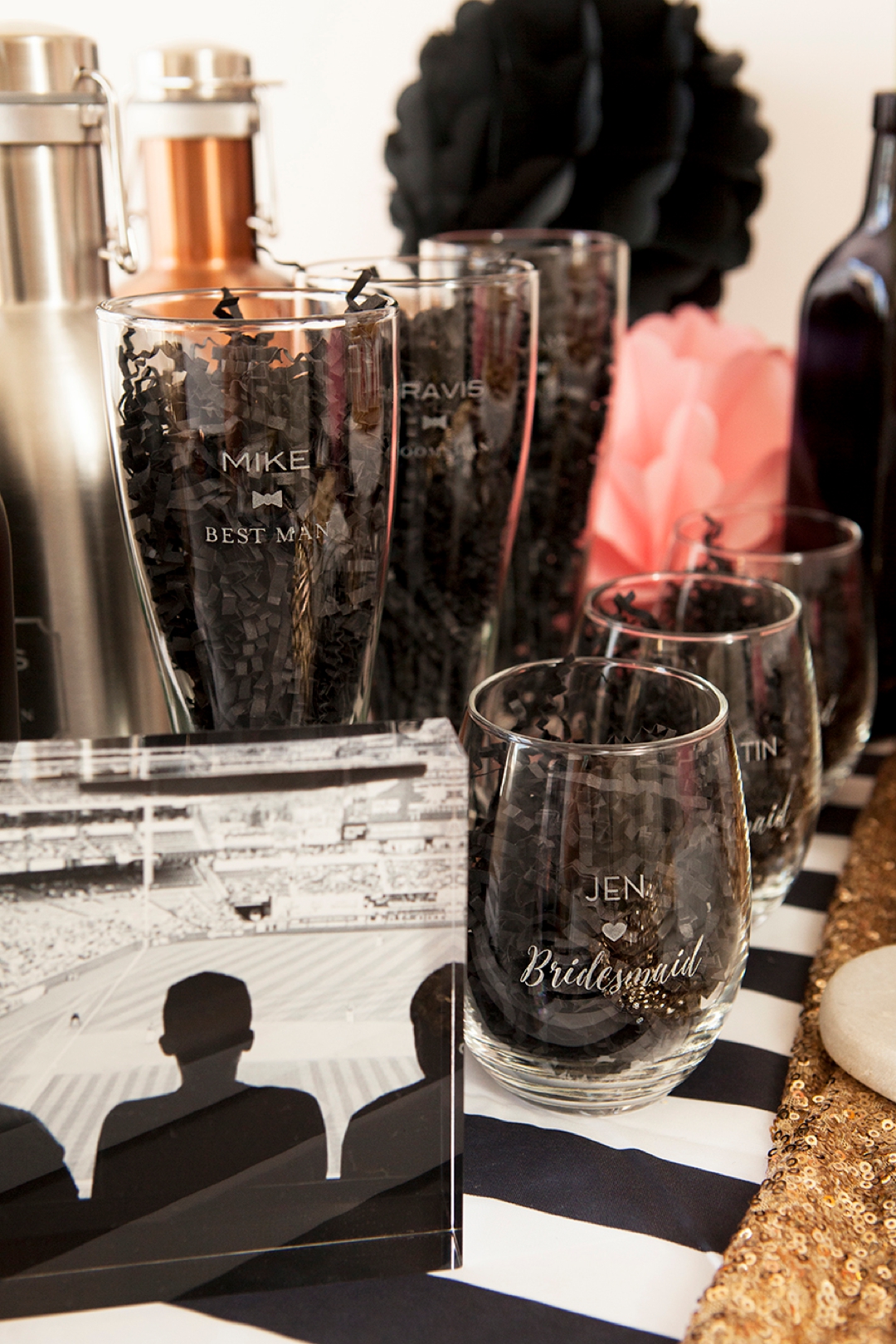 Personalized wine glasses and pilsner glasses for your bridal party!