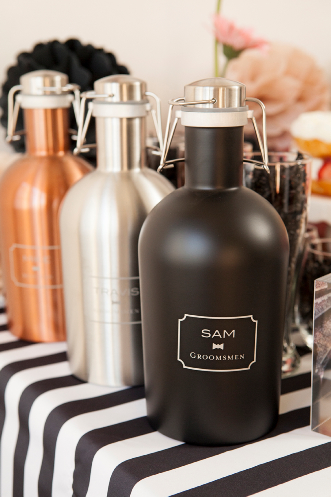 Awesome personalized wedding party growlers in three colors!