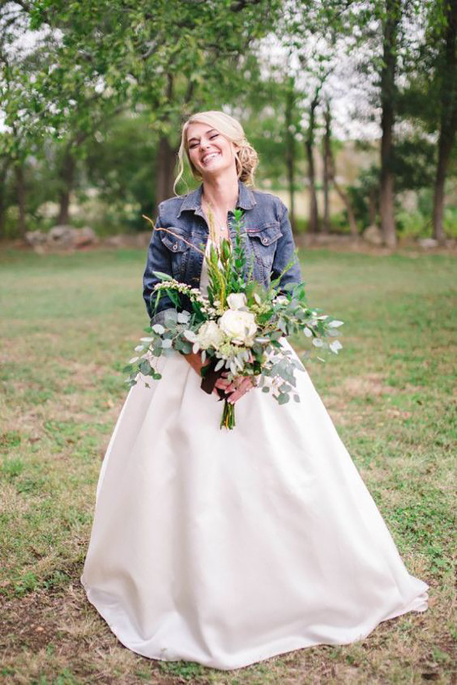 Bring a wedding gown down to earth with a denim jacket