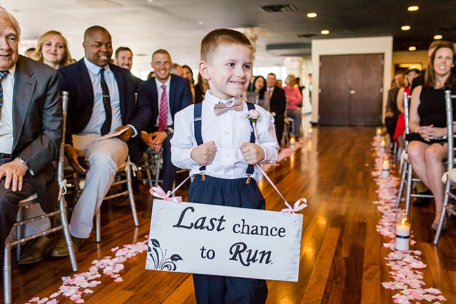 How cute is this ring bearer's last chance to run ceremony sign?! So cute!