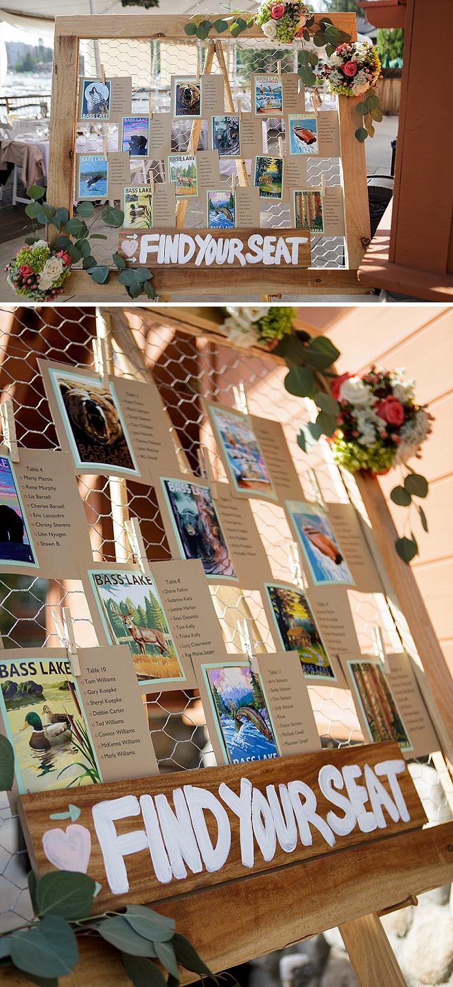 Check out this seating chart display the Bride made using chicken wire and Bass Lake wildlife photos!