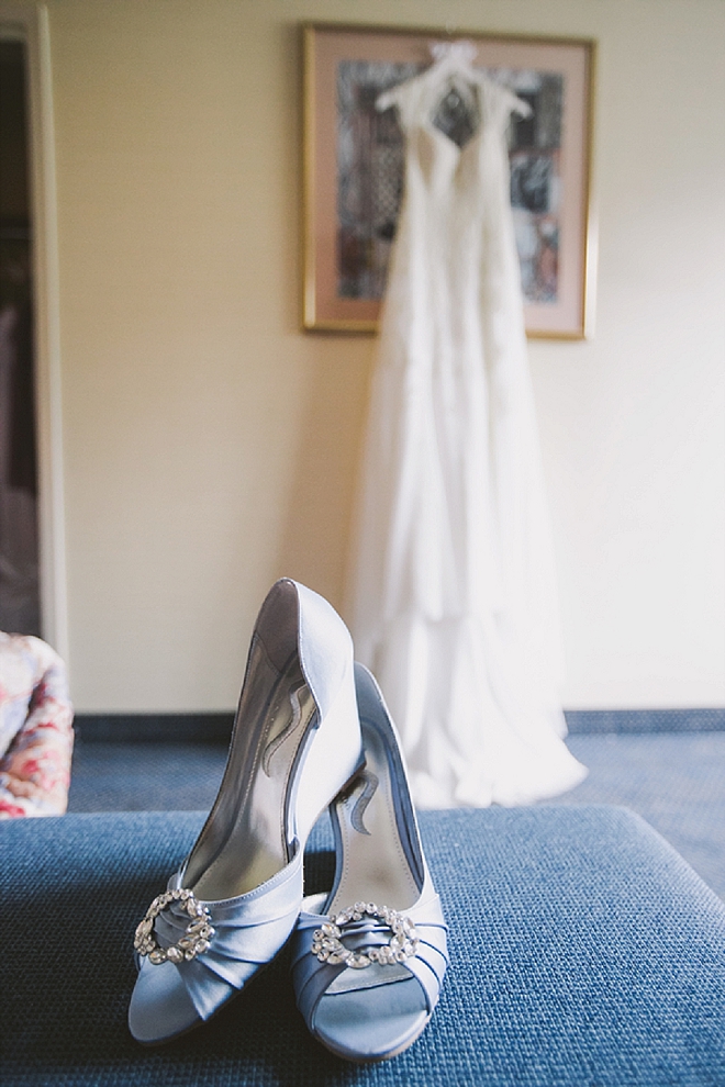 We love this Bride's blue wedding shoes and stunning dress for the big day!