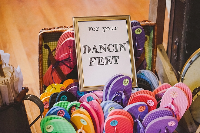 Fun dancing feet flip flops for their fun filled reception!