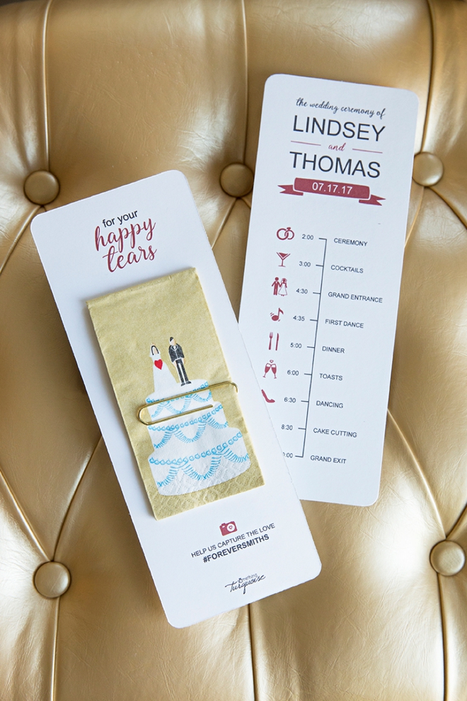 Edit and print your own timeline wedding programs with a cute wedding tissue added to the back!