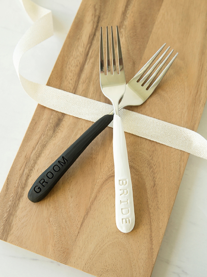 Learn how to make these adorable bride and groom forks using oven-bake clay!