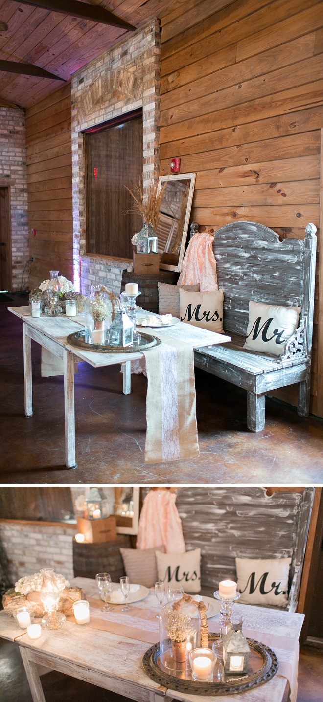 Loving this rustic sweetheart table at this Mr. and Mrs. barn reception!