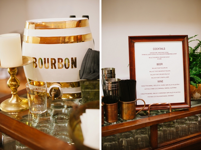 We love this super cute bourbon bar at this loft wedding!