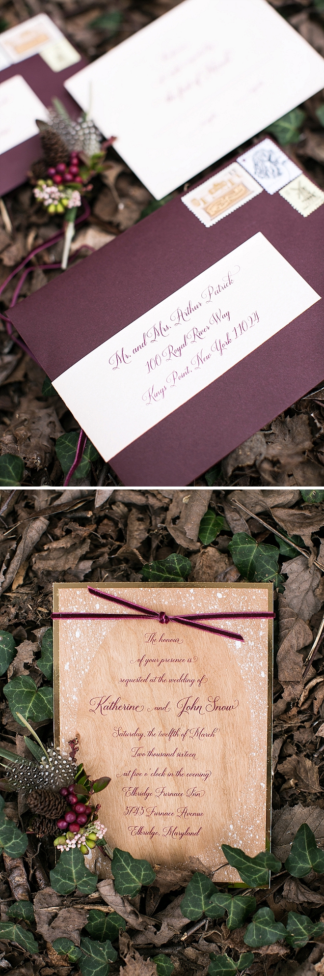 We love these stunning wooden invitations at this styled Snow White wedding!