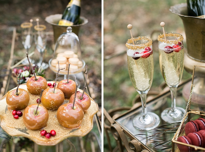 We love this gorgeous dessert bar with candy apples and champagne!