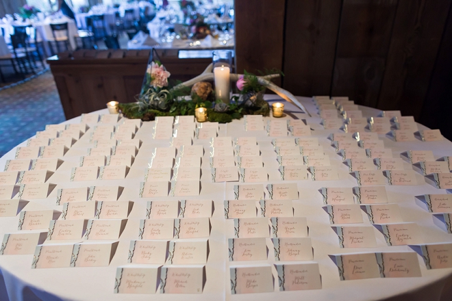 Escort cards delicately placed at this couple's lodge reception!