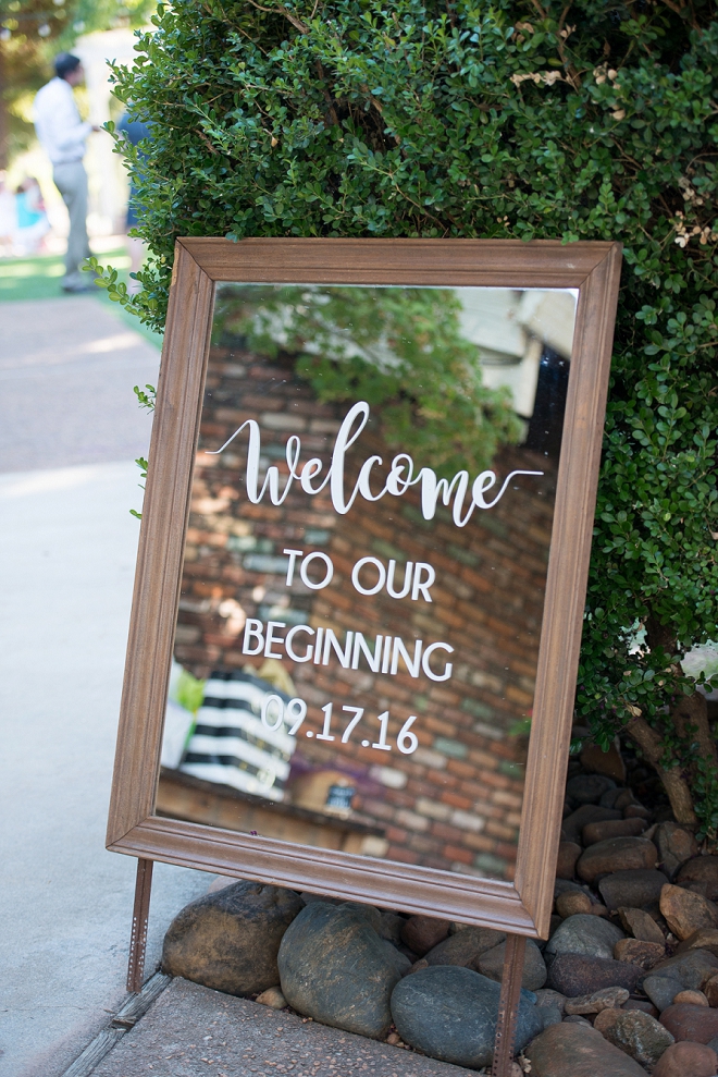 In love with this mirror welcome wedding sign at this stunning wedding!