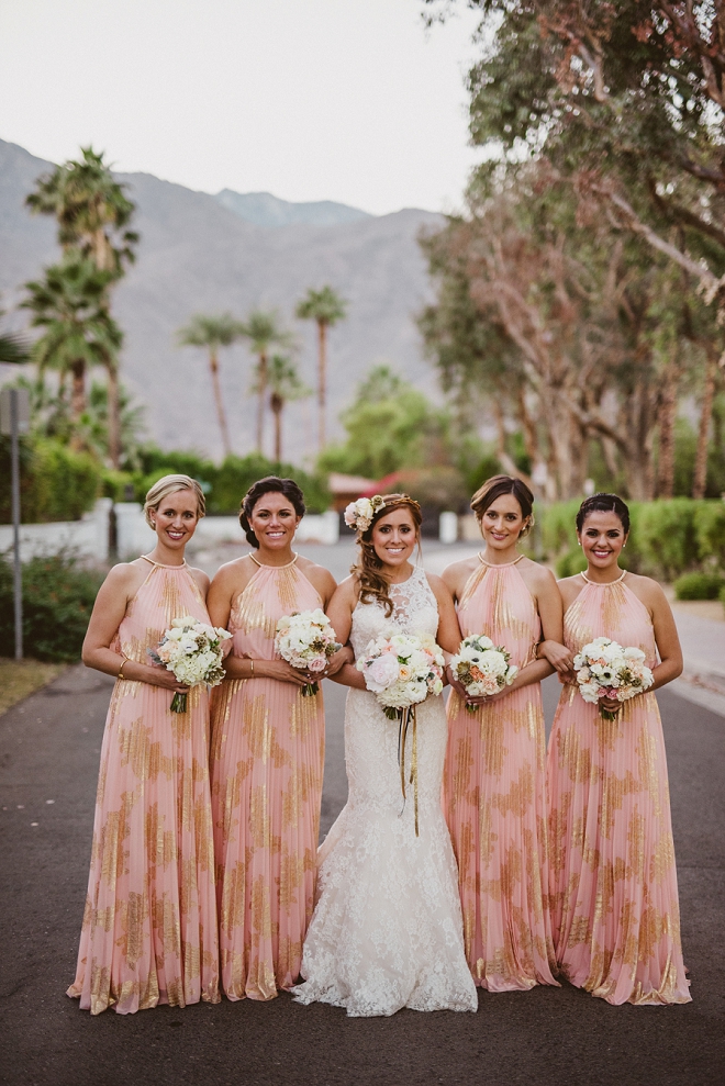 How fun are these blush and gold bridesmaid's dresses?! We love them!