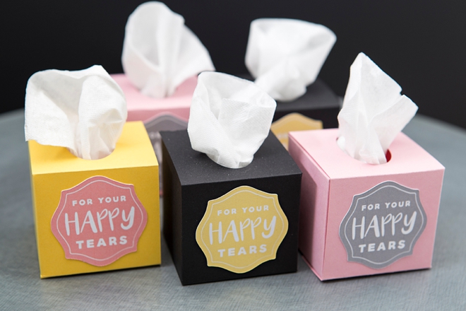 Use our free Cricut Explore file to print and cut these darling mini tissue boxes for your wedding ceremony!