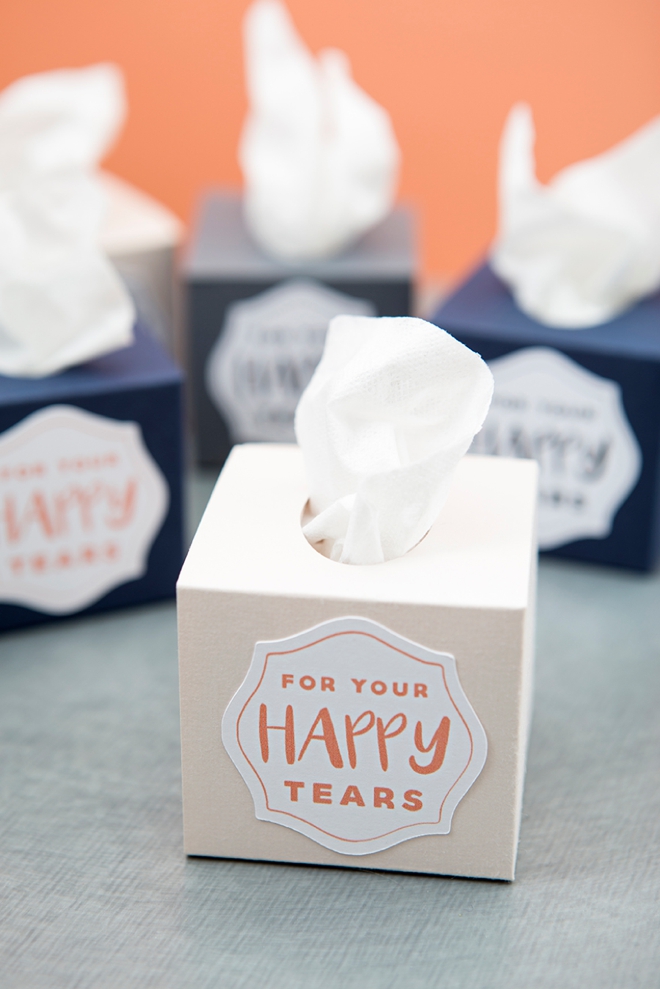 Use our free Cricut Explore file to print and cut these darling mini tissue boxes for your wedding ceremony!