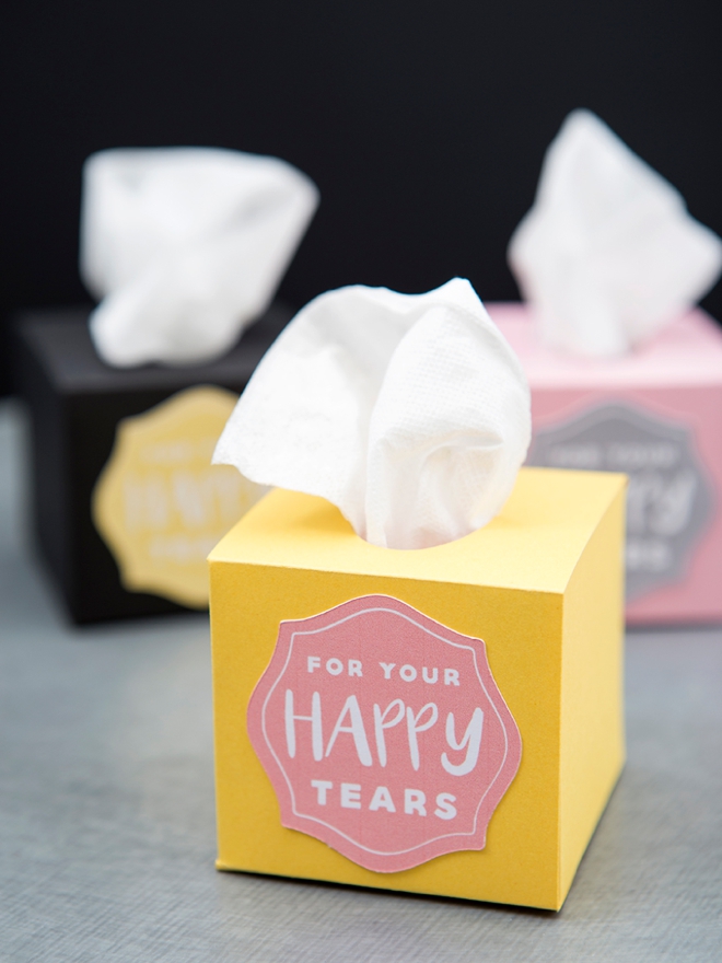 Use our free Cricut Explore file to print and cut these darling mini tissue boxes for your wedding ceremony!