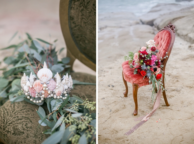 We can't get over this bright pink bouquet or this sea shell crown at this styled mermaid wedding!