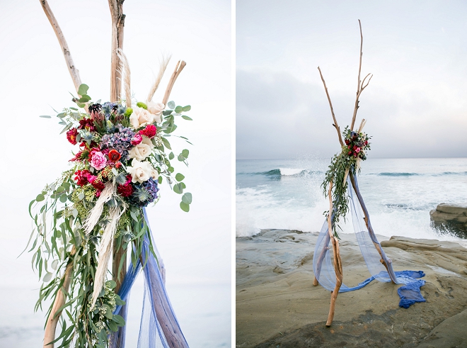 We're in LOVE with this stunning styled ceremony tee pee at this styled beach wedding!