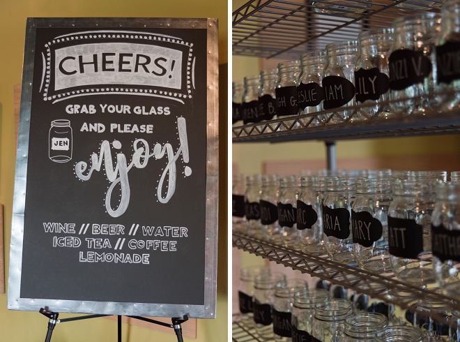 We love this guest list labeled mason jar cart for the guests to enjoy!