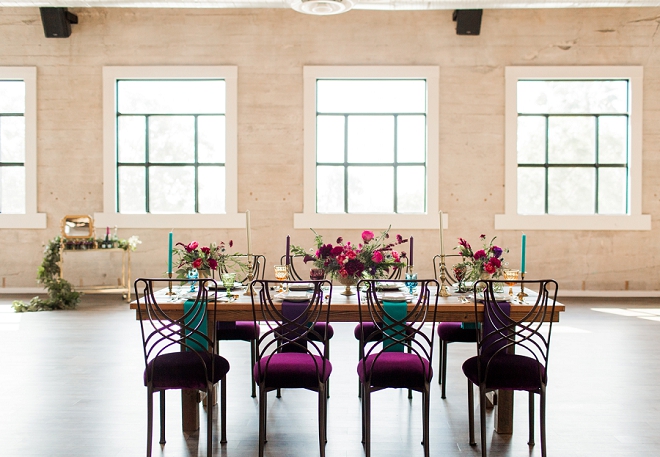 Swooning over this gorgeous styled table and jewel toned velvet chairs!