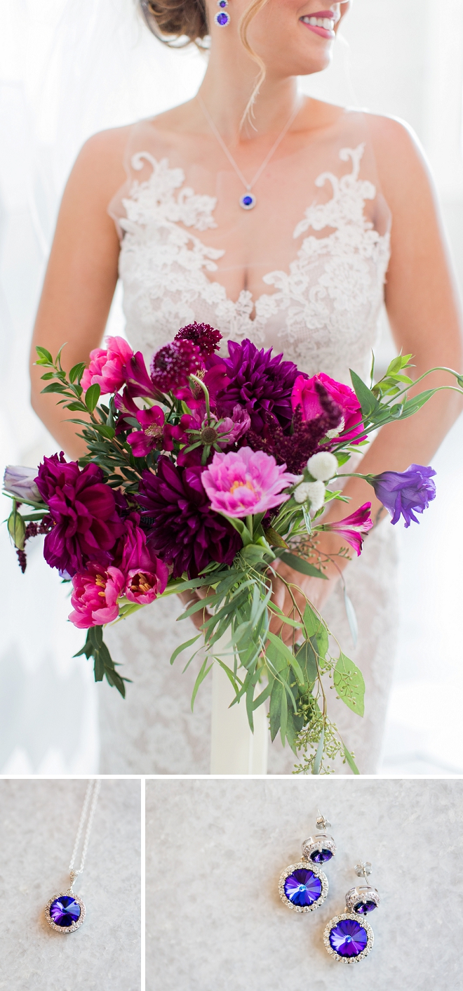 We can't get over this Bride's amazing maroon bouquet and sapphire earrings!