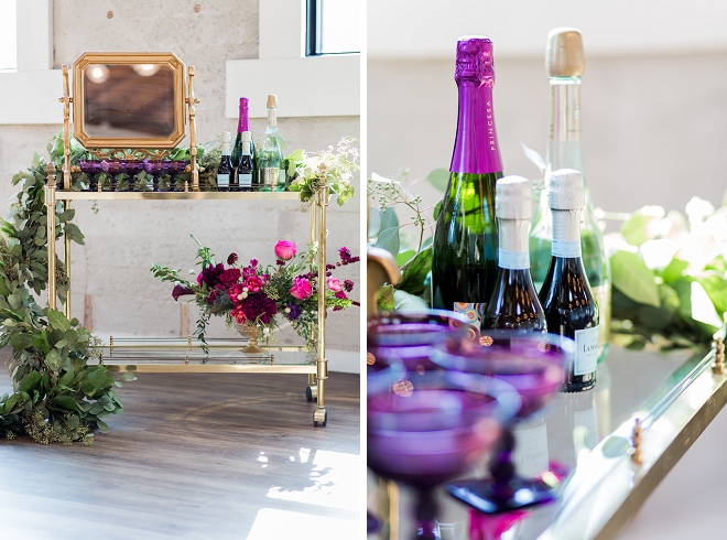In love with this champagne bar cart perfect for this modern styled wedding!