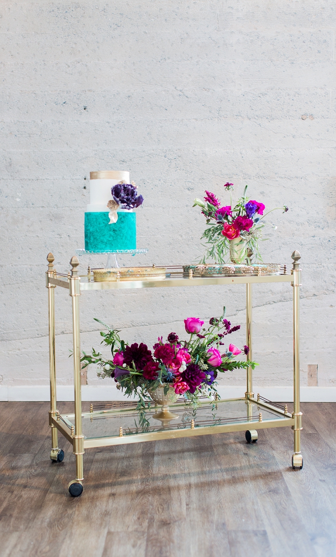 We love this gold dessert bar cart at this stunning styled wedding!