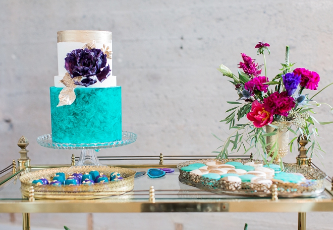 The gorgeous bold and bright desserts at this styled weddings dessert bar!