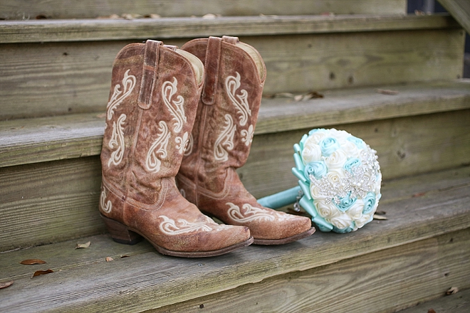 In LOVE with this Bride's cowgirl boots for her wedding shoes!