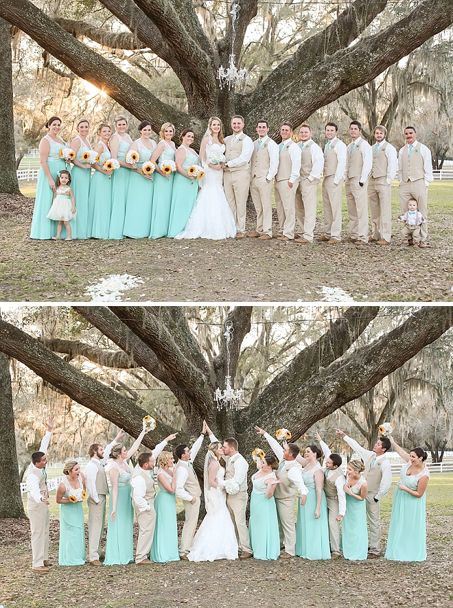 Check out the new Mr. and Mrs. and their stunning turquoise bridal party!