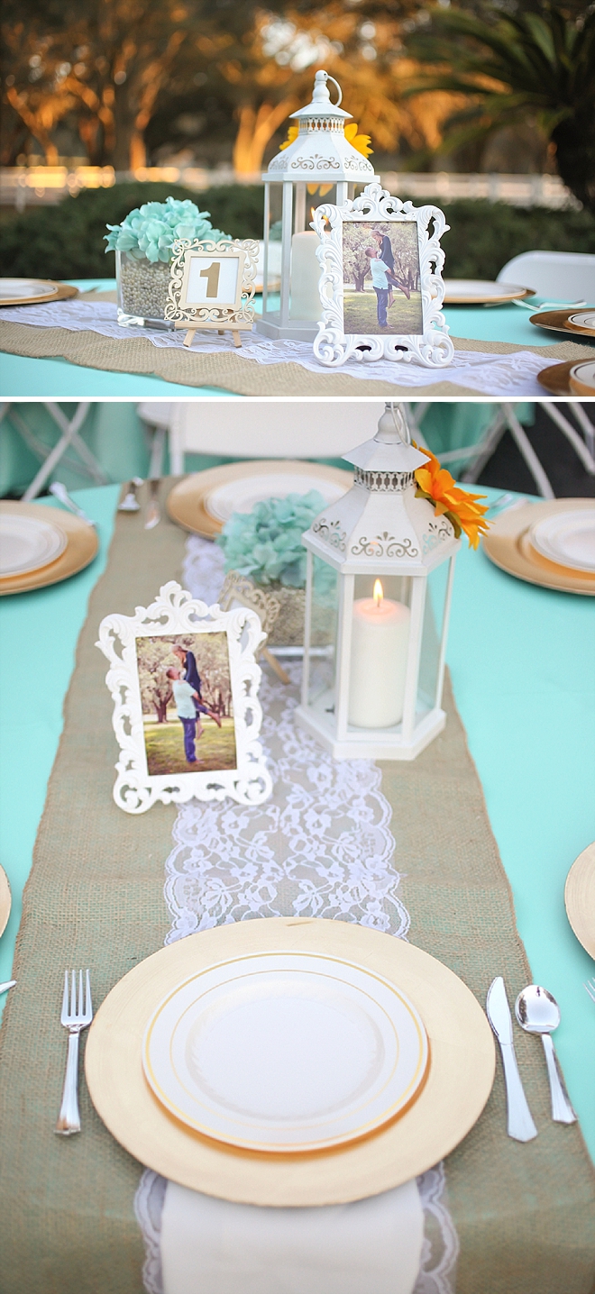We love the turquoise pops of color at this rustic barn reception!
