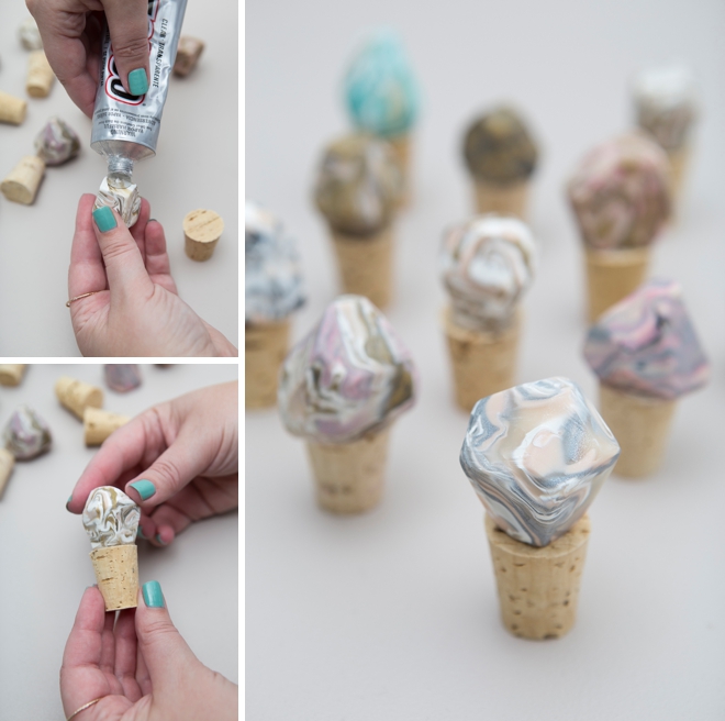 Check out these DIY marble gemstone wine stoppers, great cheap wedding favors!