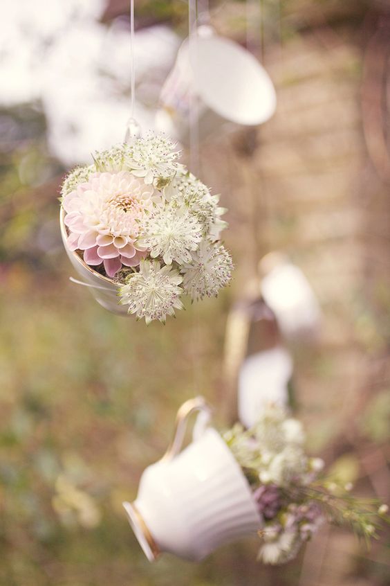 Hanging tea cups from a tree! SO cute for a backyard wedding.