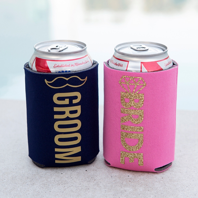 How cute are these DIY bride and groom can koozies!?