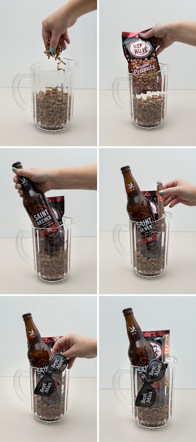 Give your groomsmen their gifts in a large beer pitcher, so fun!