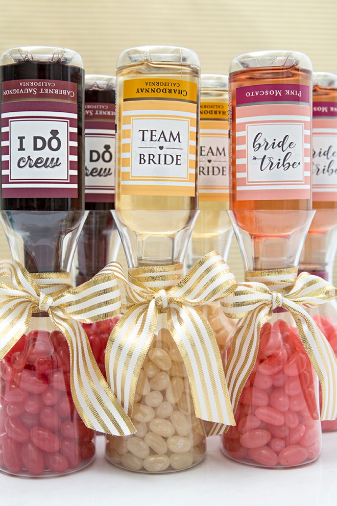 Print one of our 3 free labels and make these adorable mini wine gifts for your bridesmaids!