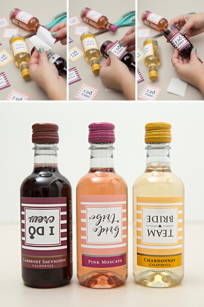 How freaking adorable are these DIY mini-carafe wine gifts for bridesmaids!?